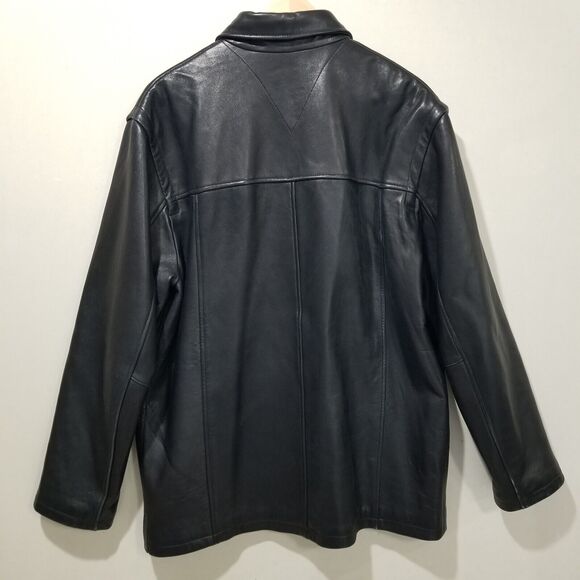 Vintage Tommy Hilfiger Leather Jacket Mens Medium Black Mid Pea Coat Dress - Picture 3 of 12